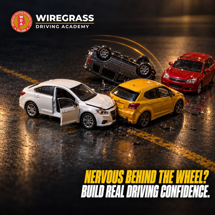 Client creative: toy cars in a crash on a wet road with the headline Nervous behind the wheel, build real driving confidence